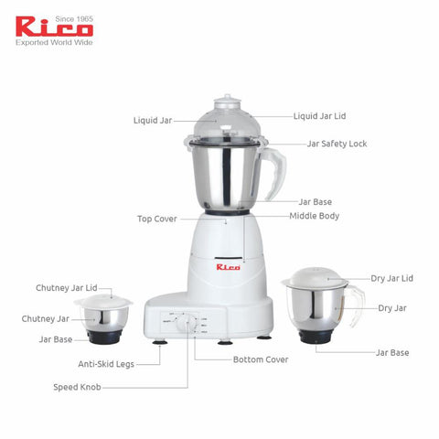 Rico MG1803 750W Mixer Grinder with 3 Jars (White)