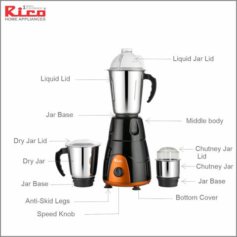 Rico Mixer Grinder MG123 550W with 3 Jars (Orange/Black) - RIC129