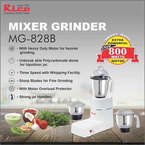 Rico MG828 650W Mixer Grinder with 3 Jars (White) - RIC066