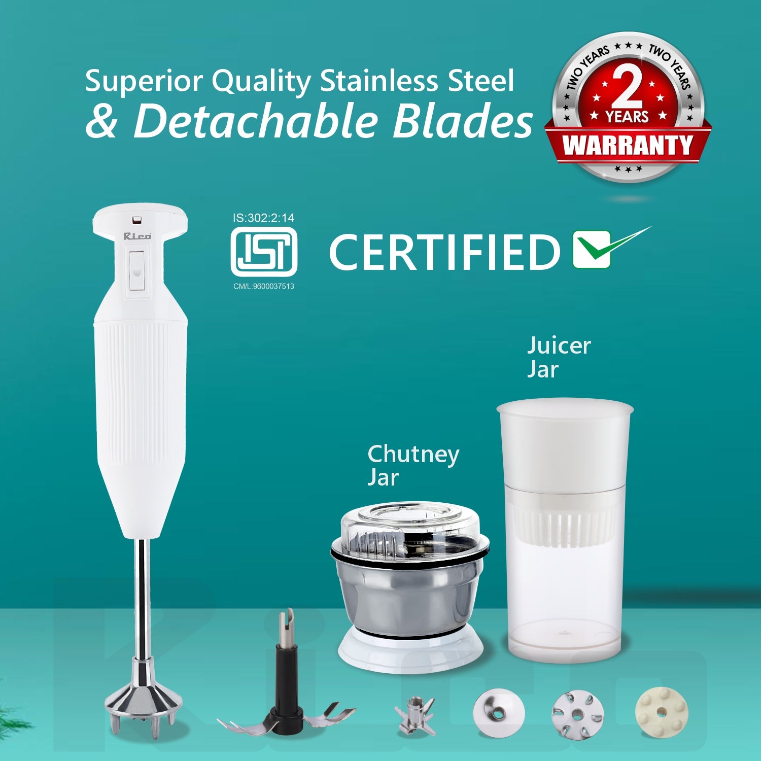 Rico Blender with Chutney and Juicer Jar (White) HBCJ 150w RIC067