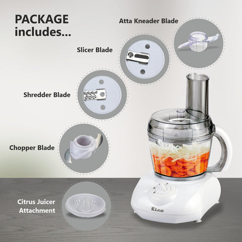 Rico Multifunction Food Factory/Atta Kneader/Citrus Juicer with 800 ml Capacity Bowl for Kneading, Chopping, Slicing and Shredding (White, 400 Watts)