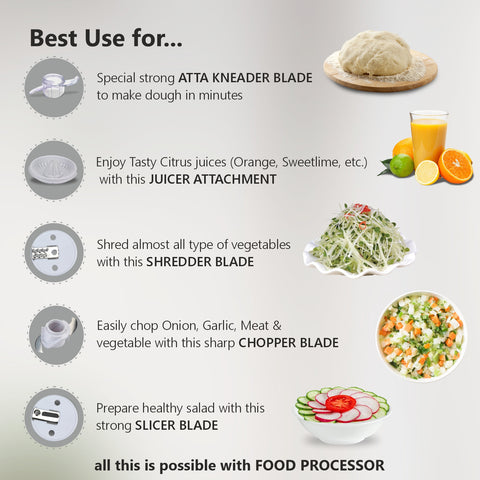 Rico Multifunction Food Factory/Atta Kneader/Citrus Juicer with 800 ml Capacity Bowl for Kneading, Chopping, Slicing and Shredding (White, 400 Watts)