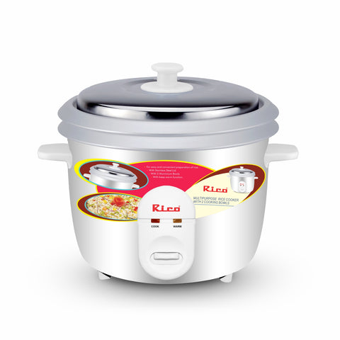 Rico RC1503 Rice Cooker with 2 Bowls and Glass (1.8 Ltrs, White).