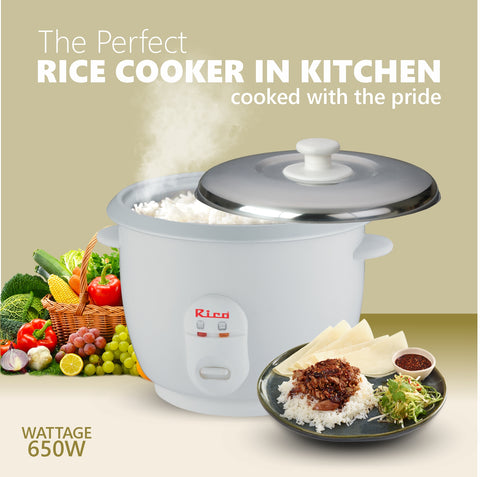 Rico RC1503 Rice Cooker with 2 Bowls and Glass (1.8 Ltrs, White).