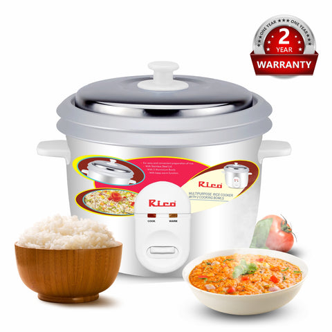 Rico RC1503 Rice Cooker with 2 Bowls and Glass (1.8 Ltrs, White).