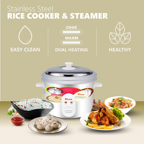 Rico RC1503 Rice Cooker with 2 Bowls and Glass (1.8 Ltrs, White).