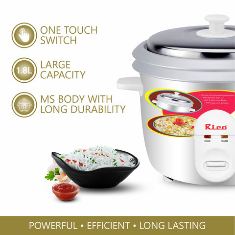 Rico RC1503 Rice Cooker with 2 Bowls and Glass (1.8 Ltrs, White).