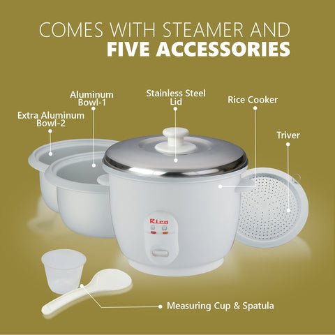 Rico RC1503 Rice Cooker with 2 Bowls and Glass (1.8 Ltrs, White).