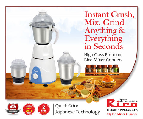 Rico Mixer Grinder MG124 650W Mixer Grinder (3 Jars, White) - RIC064