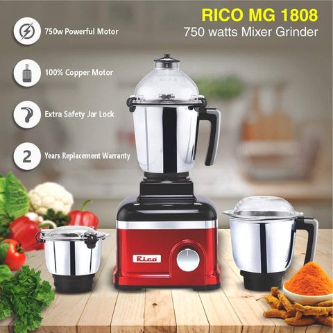 Rico MG1808 1HP Mixer Grinder with 3 Jars (Red)