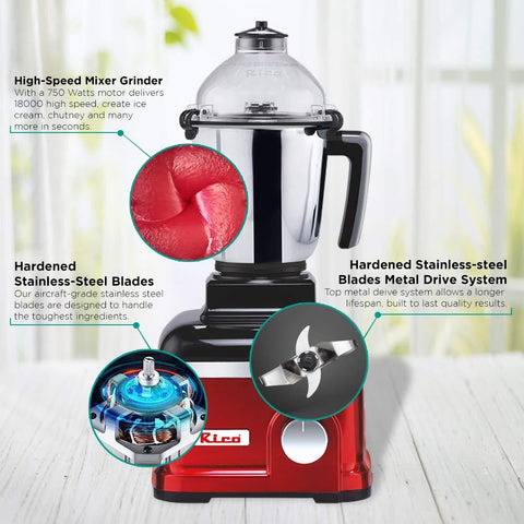 Rico MG1808 1HP Mixer Grinder with 3 Jars (Red)