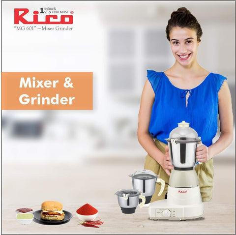 Rico MG601 650W Mixer Grinder (3 Jars, White).