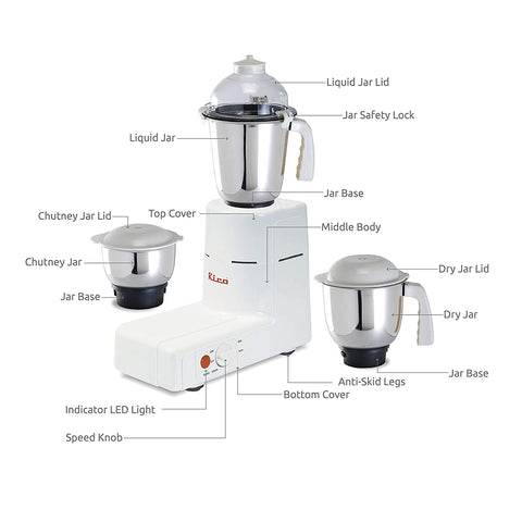 Rico MG828 650W Mixer Grinder with 3 Jars (White) - RIC066