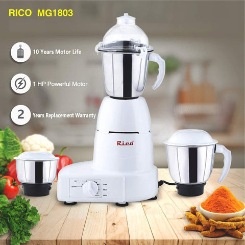 Rico MG1803 750W Mixer Grinder with 3 Jars (White)